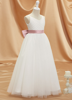 A-line kjole V-hals Gulvlengde Tyll Sateng Brudepikekjole barn med Bånd 