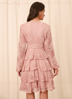 V-hals Lange ermer Elegant A-line kjole Blonder Mini Motekjoler 