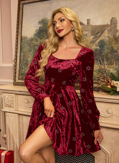 Embroidered Square Long Sleeve A-line Velvet Mini Dress 