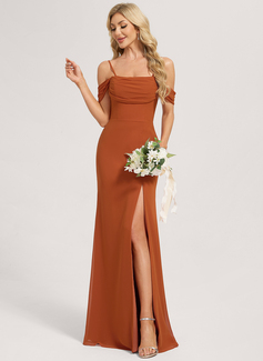 Sheath/Column Cold Shoulder Off the Shoulder Straight Floor-Length Chiffon Bridesmaid Dress 