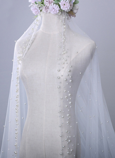 Pearl Cut Edge Single Tier Tulle Bridal Cathedral Length Wedding Veils 
