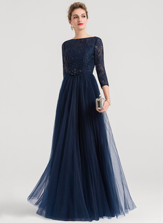 A-formet/Prinsesse Scoop Hals Gulvlengde Tyll Festkjole med Profilering 