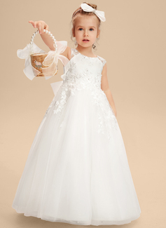 A-line kjole Scoop Gulvlengde Tyll Brudepikekjole barn med Cape paljetter 