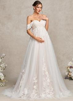 Ball-Gown/Princess Off the Shoulder Court Train Tulle Lace Maternity Dresses 