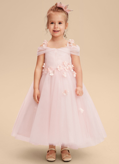 A-line kjole Kald skulder Te-lengde Tyll Brudepikekjole barn med 3D-blomster Sløyfe 