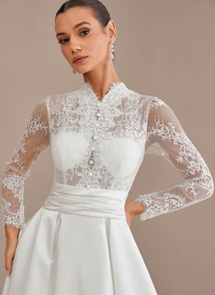 A-line High Neck Sweep Train Satin Lace Wedding Dress With Sequins 