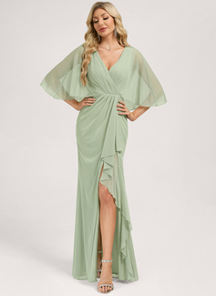 Trumpet/Mermaid V-Neck Floor-Length Mesh Bridesmaid Dress With Cape Ruffle 