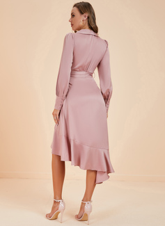 Frynse V-hals Lange ermer A-line kjole Polyester Asymmetrisk Motekjoler 