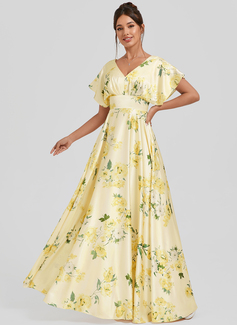 A-line V-Neck Floor-Length Matte Satin Bridesmaid Dress 