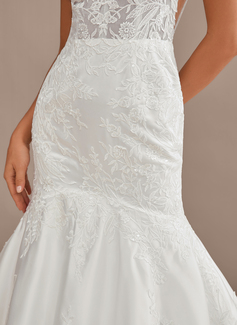 Trumpet/Mermaid V-Neck Court Train Organza Satin Lace Wedding Dress With Sequins 