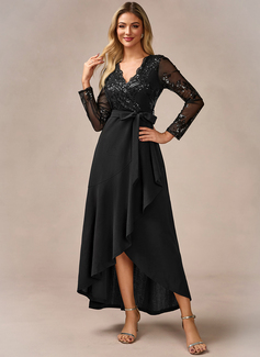 Sequins V-Neck Long Sleeve A-line Stretch Crepe Sequin Asymmetrical Maxi Dress 