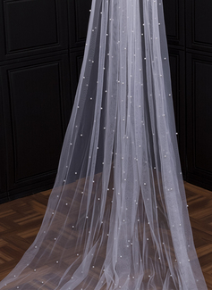 Pearl Bow Cut Edge Single Tier Tulle Bridal Cathedral Length Wedding Veils 