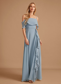 A-line kjole Skulderfri Gulvlengde Chiffon Brudepikekjole med Ruffle 