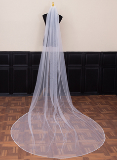 Beading Cut Edge Single Tier Tulle Bridal Cathedral Length Wedding Veils 
