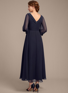 A-line V-Neck Collared Ankle-Length Chiffon Mother of the Bride Dress With Pleated 
