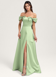 A-line Off the Shoulder Floor-Length Satin Bridesmaid Dress With Bow 
