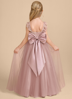 A-line kjole Firkantet hals Gulvlengde Blonder Tyll Brudepikekjole barn med Profilering 3D-blomster 