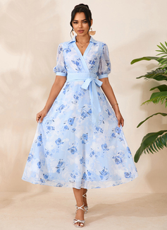 Floral Print Collared Short Sleeve A-line Printed Fabric Midi Dress 