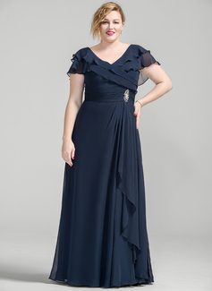 A-line V-Neck Floor-Length Chiffon Mother of the Bride Dress With Cascading Ruffles Crystal Brooch 