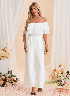 Off the Shoulder Short Sleeve Organza Stretch Crepe Maxi Jumpsuits 