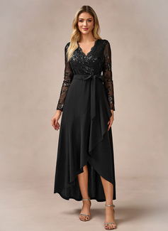 Sequins V-Neck Long Sleeve A-line Stretch Crepe Sequin Asymmetrical Maxi Dress 