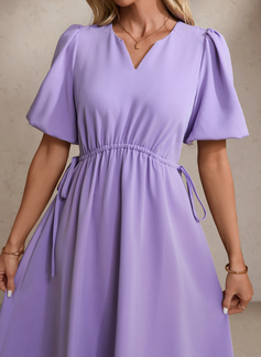 V-Neck Short Sleeve A-line Stretch Crepe Midi Dress 