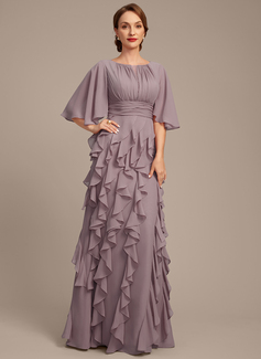 A-line Boat Neck Floor-Length Chiffon Mother of the Bride Dress With Ruffle Sequins Beading 