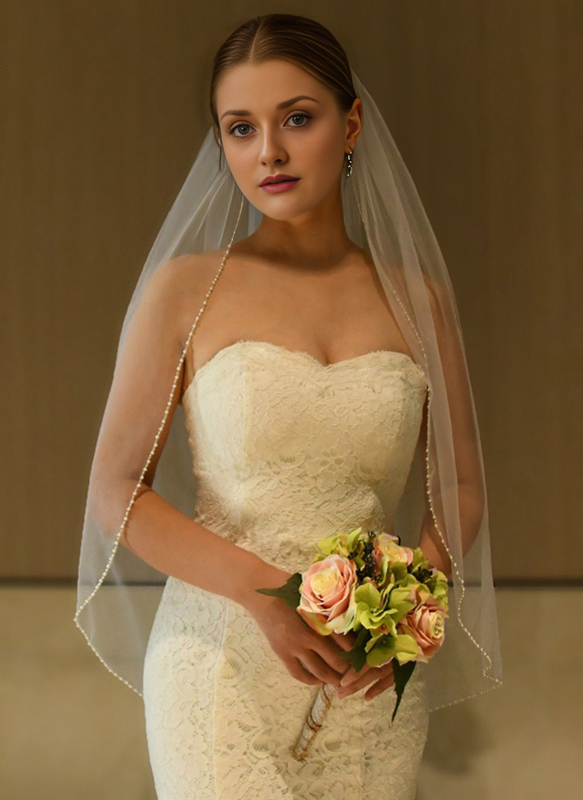 Beading Cut Edge Single Tier Bridal Fingertip Length 39" Wedding Veils 