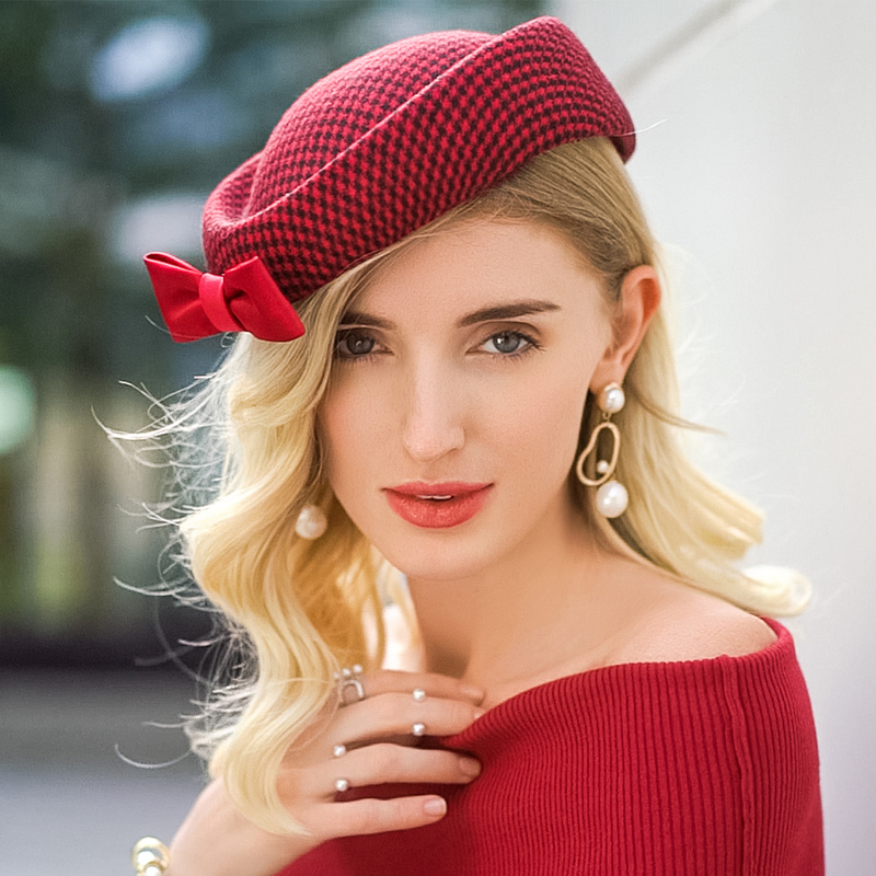 Women's Vintage Winter Wool Beret Hats With Bow  