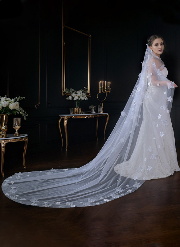 Pearl Floral Cut Edge Single Tier Bridal Cathedral Length 118" Wedding Veils 