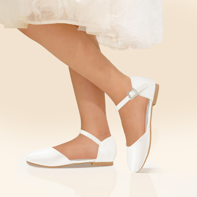 Girl's Flower Girl Shoes Wedding Pearl Satin Round Toe Flat Heel Shoes 
