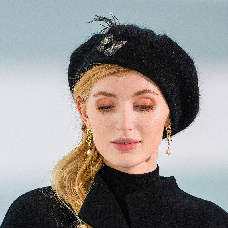 Women's Elegant Winter Butterfly Faux Feather Wool Wedding Cocktail Beret Hats 