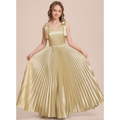 A-line kjole V-hals Gulvlengde Stretch sateng Brudepikekjole ungdom med Sløyfe