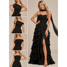 Off the Shoulder Strapless Cascading Ruffles Chiffon Maxi Dress