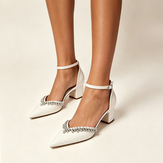 Mulher saltos tira tornozelo casamento simples couro brilhante salto grosso biqueira pontiaguda strass fivela sapatos