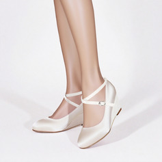 Женский Свадебная обувь Satin Танкетка Круглый носок Свадебные Каблуки Обувь подружки невесты просто свадьба обувь 