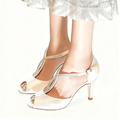 Женский Свадебная обувь Satin Высокий каблук Peep Toe Свадебные сандалии Свадебная обувь горный хрусталь Винтаж свадьба Вечеринка Выпускной Вечер коктейль обувь 