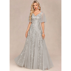 A-linja v-kaula lattiaa hipova pituus tylli paljetti pitsi iltapuku (017254992)