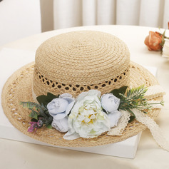 Mulher borda plana verão flores ráfia de palha festa do chá boater
