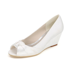 Женский Свадебная обувь Satin Танкетка Peep Toe Свадебные Каблуки Обувь подружки невесты просто свадьба обувь 