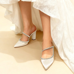 Vrouwen bruidsschoenen satijn blokhak puntteen bruiloft sandalen bruidsschoenen strass elegant huwelijk feest schoenen 