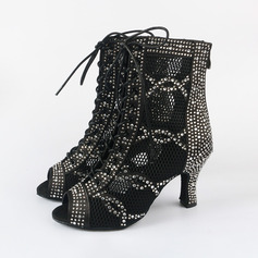 Bottes de danse femmes strass talon haut mesh satiné intérieur chaussures de danse 