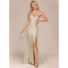 Trumpettimekot/merenneito kotelomekko v-kaula ylipitkä/laahus paljetti iltapuku jossa laskostettu (017219925)