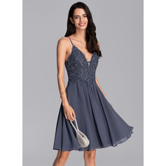 A-Line V-neck Knee-Length Chiffon Homecoming Dress With Beading Sequins (022206536)