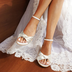 Damen Brautschuhe Satin Flach Offene Schuhspitze Brautsandalen Brautjungfernschuhe Boho Einfache Hochzeit Strand Schuhe 