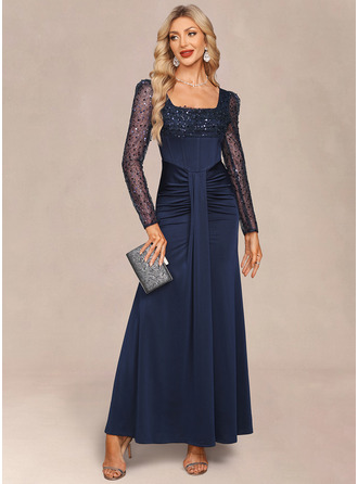 Square Long Sleeve Trumpet/Mermaid Tulle Sequin stretchy fabric Maxi Dress 