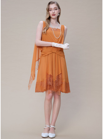 Karree Ärmellos A-Linien-Kleid Chiffon Spitze Midi Kleid 