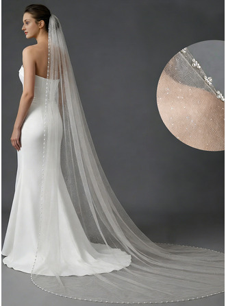 Perła Zdobione Koralikami Pojedynczy poziom Ślubny Długość katedry 300 cm Welon