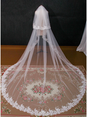Blonder Lace Edge To-lags Mantilla Katedralens lengde 300 cm Brudeslør Med blusher