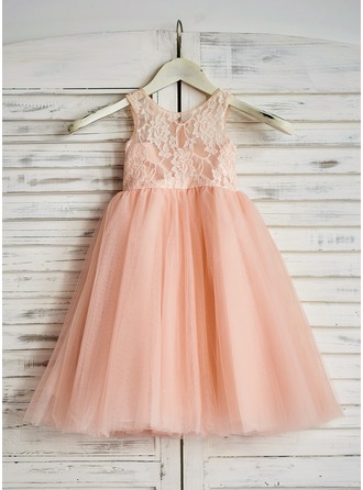 A-Line/Princess Tea-length Flower Girl Dress - Tulle Sleeveless Scoop Neck With Lace 